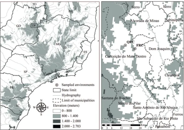 Figure 1.  Geographic location of the study areas: QRC = quartzitic rupestrian complex and FRC = ferruginous rupestrian complex.