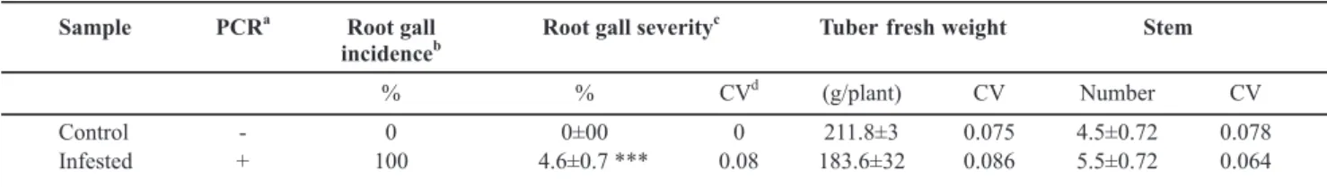 TABLE 1  - PCR detection of Spongospora subterranea in roots, root gall incidence, severity and tuber fresh weight of potato plants cv