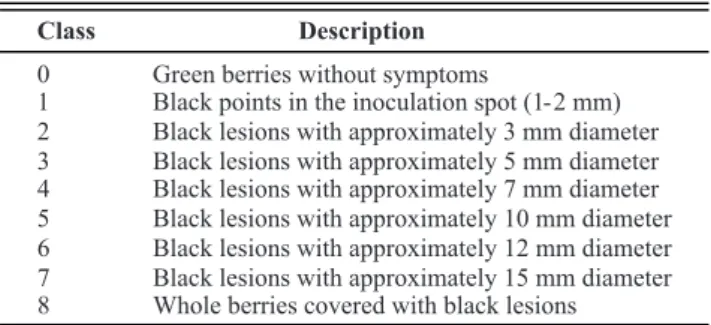 TABLE  1 – Scale of disease classification used to calculate the  index of disease intensity