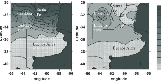 FIGURE 1 -  Climate risk level (% of years) with “High” (a) and “Intermediate” (b) population level of Delphacodes kuscheli macropters  (Dkma) accumulated until November 30 predicted by model B, in the Argentina Pampas region