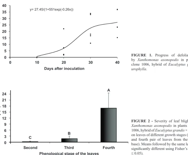 FIGURE  1.   Progress  of  defoliation  caused  by  Xanthomonas  axonopodis  in  plants  of  the  clone  1006,  hybrid  of  Eucalyptus  grandis   ×  E