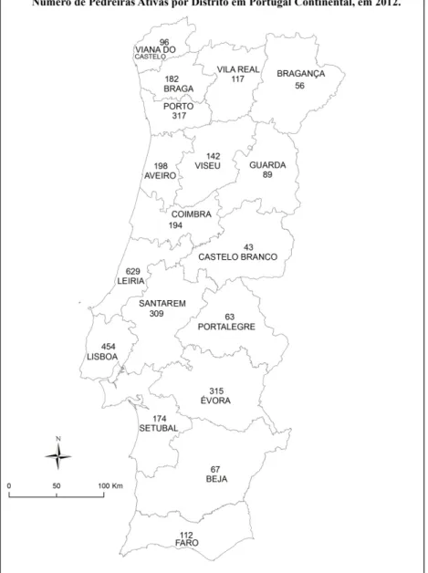 Figura 13 – Número de Pedreiras Ativas por Distrito em Portugal Continental, em 2012. 