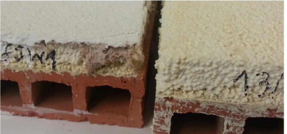 Fig. 33 – Samples used to determine the adhesive strength of a thermal render system (left) and a thermal render  itself (right)