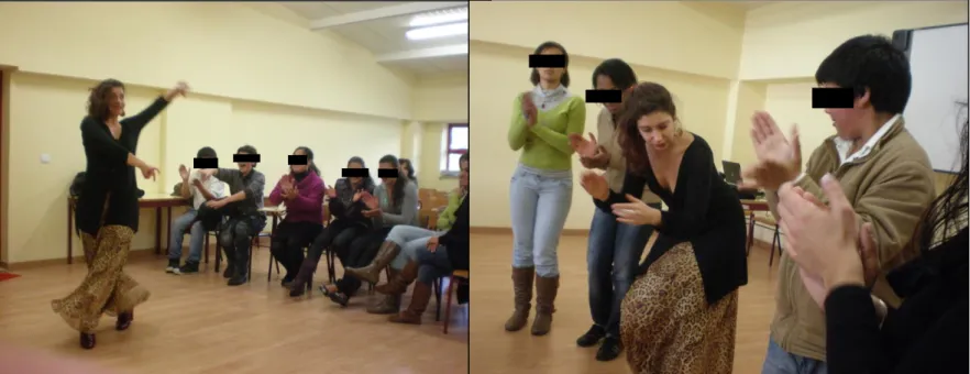 Figura 9 e 10: Workshop de dança cigana (inserido na Programação do Centro  de Experimentação Artística do Vale da Amoreira) com a professora de dança Carolina  Fonseca