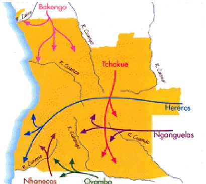 Figura 1- Mapa sobre a distribuição Bantu em Angola (Povos e Língua de Angola); Fonte: Mapa sobre a  distribuição Bantu em Angola (Povos e Língua de Angola)  