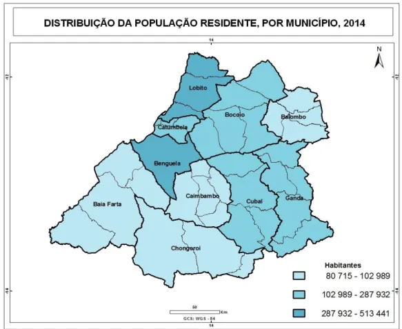 Figura 3 - Mapa de distribuição da população residente, por município; Fonte: www.censo.ine.gov.ao acedido a  04/11/2014