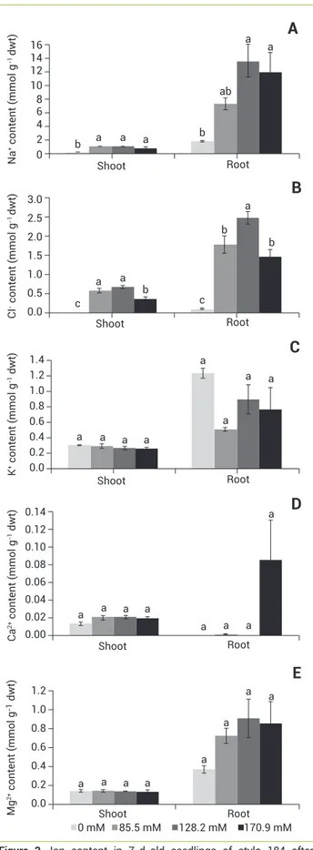 Figure 2. Ion content in 7-d-old seedlings of stylo 184 after  treatment with 0–170.9 mM NaCl