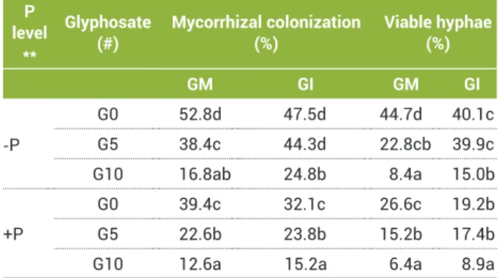 Table 1.Effectsofglyphosateandphosphorusconcentrationson mycorrhizal colonization and viable hyphae in Capsicum   annuum  L