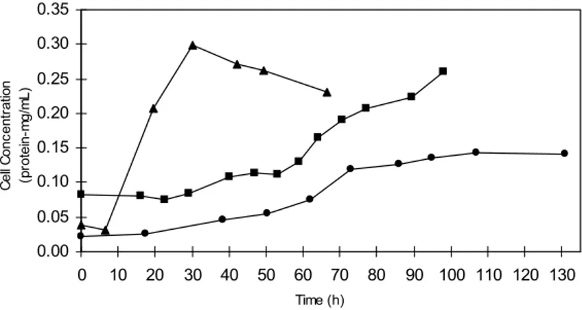 Figure 1. A. cellulolyticus growth curves obtained in the presence of cellobiose (  s  ) amorphous cellulose (  n  ) and crystalline cellulose (  l  ) expressed through the cellular protein concentration (average of three assays).