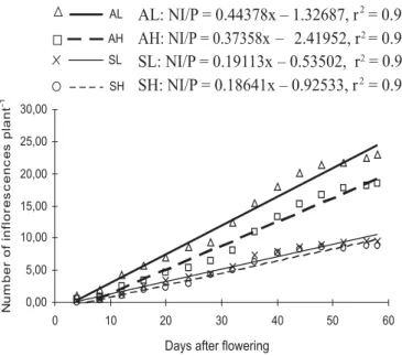 FIGURE 2. Evolution of the total number of inflorescences per plant of M. lathyroides as a function of days after flowering