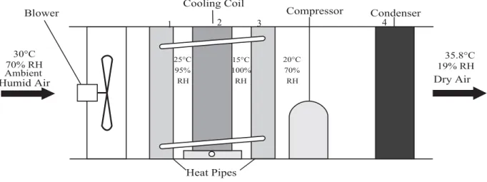 FIGURE 2.   Air treatment and examples of typical temperatures and relative humidities at various stages before passing through the seed mass