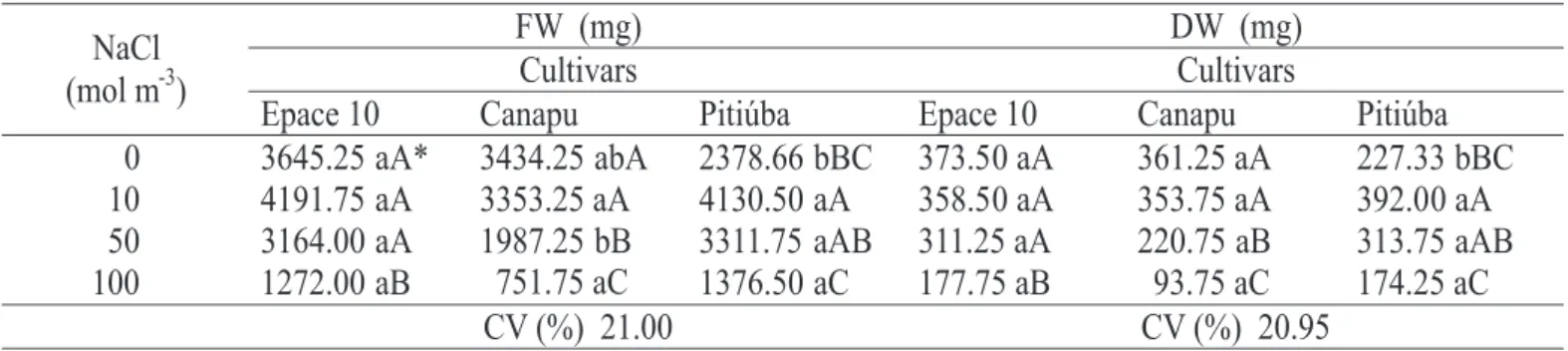 TABLE 2.  First counting and total germination of seed of different cultivars of cowpea, submitted to salt stress