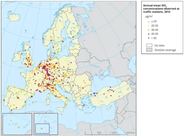 Figura 1-1: Média anual de concentrações de NO 2  observadas em estações de tráfego  (Retirado de (European Environment Agency, 2018))
