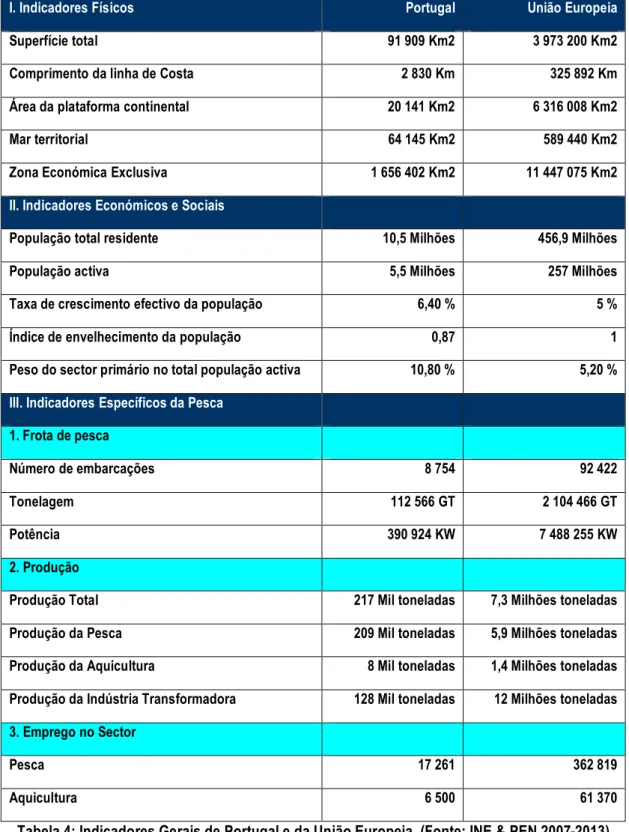 Tabela 4: Indicadores Gerais de Portugal e da União Europeia  (Fonte: INE &amp; PEN 2007-2013) 