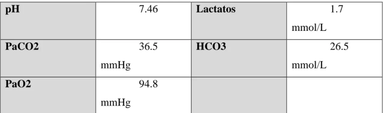Figura 4 – Gasimetria Arterial  pH   7.46  Lactatos   1.7  mmol/L  PaCO2   36.5  mmHg  HCO3   26.5 mmol/L  PaO2  94.8  mmHg 