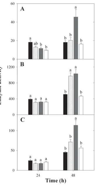 Figure 4. Increase in the fresh mass (%) of embryonic axes of P. reticulata seeds  soaked in different solutions: (A) water ( ) and HgCl 2  at concentrations of 10 -5  M ( ),  10 -4  M ( ) and 10 -3  M ( ) and (B) water ( ), 10 -3  M HgCl 2  + 10 -3  M DTT