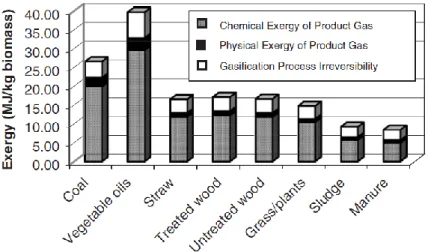 Figure 1.1 – Exergy distribution for gasification of various fuels. [34] 