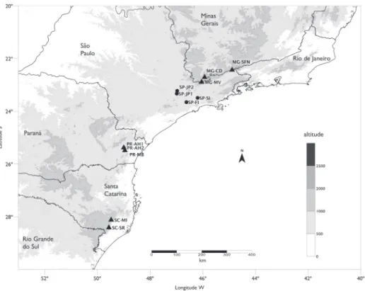 Figure 1. Geographical distribution of the Atlantic montane forest (AMF -  ) and Atlantic upper montane forests (AUMF -  ) surveys in the southern and south- south-eastern regions of Brazil