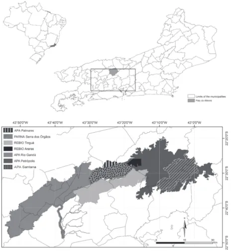 Figure 1. Localization of the Palmares Environmental Protection Area (APA Palmares) in the municipality of Paty do Alferes, as well as other Conservation Are- Are-as in Rio de Janeiro State, Brazil