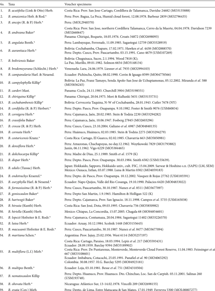 Table 1. List of Bomarea taxa used in this study along with their voucher specimens. * New palynological data.