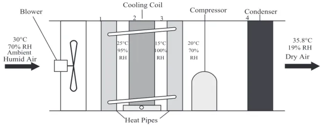 FIGURE 2. Air treatment and examples of typical temperatures and relative humidity at various stages before passing through the seed mass