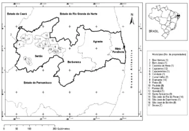 Fig. 1. Estado da Paraíba demonstrando os municípios e respec- respec-tivos números de propriedades rurais utilizadas, na  mesorre-gião do Sertão paraibano.