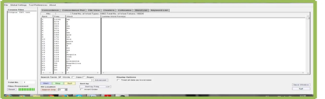 Fig. nº 07 – Printscreen da disposição hierárquica de formas do corpus em português     Corpora 