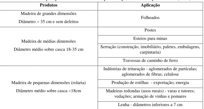 Tabela 1 - Principais produtos associados à espécie de pinheiro bravo por Oliveira (1999) 