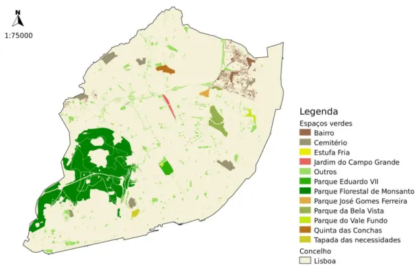 Figura 3.2: Espaços verdes e jardins do concelho de Lisboa (2010). 