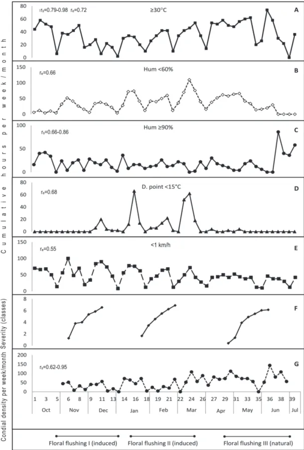 FIGURE  3  -  Colletotrichum  gloeosporioides  conidial  density  (G),  anthracnose  severity  in  inflorescence  (F)  and  relationship  with  temperature (A), relative humidity (B and C), dew point (D) and wind speed (E), during three floral flushings in