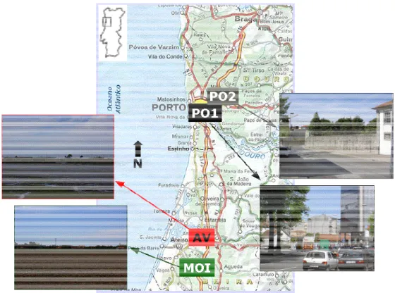 Figura 2.1  Localização  geográfica  em  Portugal  Continental  dos  pontos  de  amostragem  representativos  das  zonas  suburbana  costeira  (Aveiro)  (AV),  rural  (Moitinhos,  Ílhavo)  (MOI), urbana (Rotunda da Boavista, Porto) (PO1) e de fundo de cent