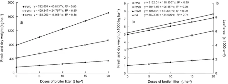 FIGURE 2. Fresh (MFF) and dry (MSF) weight of leaves; fresh (MFC) and dry (MSC) weight of stems and leaf area  (FA) of clove-basil in response to different doses of broiler litter during first harvest (a) and after re-sprouting (b).