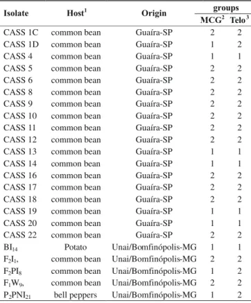 TABLE 1 - Isolates of  Sclerotinia sclerotiorum  utilized in this study, their hosts, origins and groupings based on MCG and on PCR amplification of telomere sequence-based primers