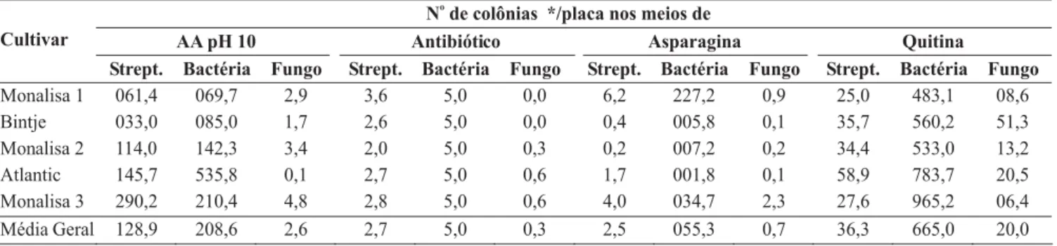 TABELA 1 - Eficácia de diferentes metodologias de isolamento de microrganismos (bactérias do gênero Streptomyces, bactérias não filamentosas e fungos) de tubérculos de batata (Solanum tuberosum)