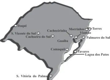 FIG. 1 - Mapa do Estado do Rio Grande do Sul indicando os municípios em que foram obtidos os isolados de Pyricularia grisea.
