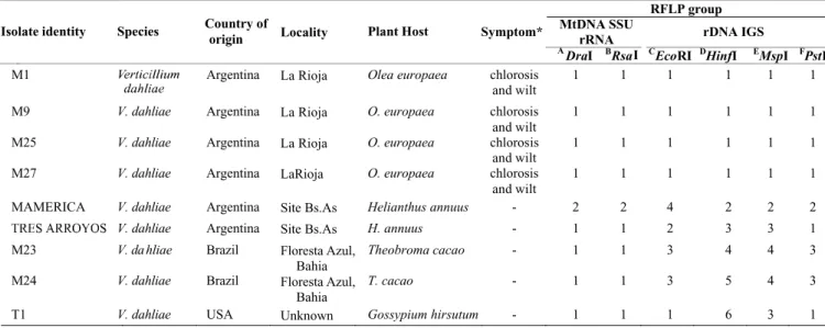 TABLE 1 - Species designation, origin, pathogenicity status, mtDNA SSU rRNA and rDNA IGS RFLP groupings of Verticillium dahliae