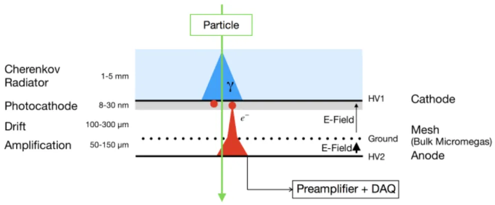 Figure 1: The PICOSEC detection concept. The passage of a charged particle through the Cherenkov radiator produces UV photons, which are then absorbed at the photocathode and partially converted into electrons