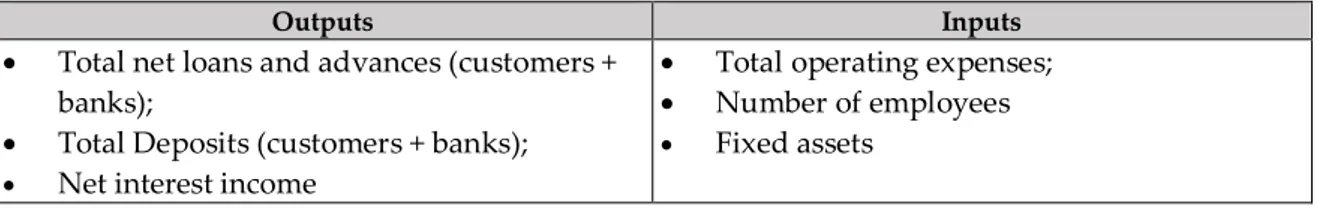 Table 9 - Selected output and input variables for the application of the first-stage DEA 