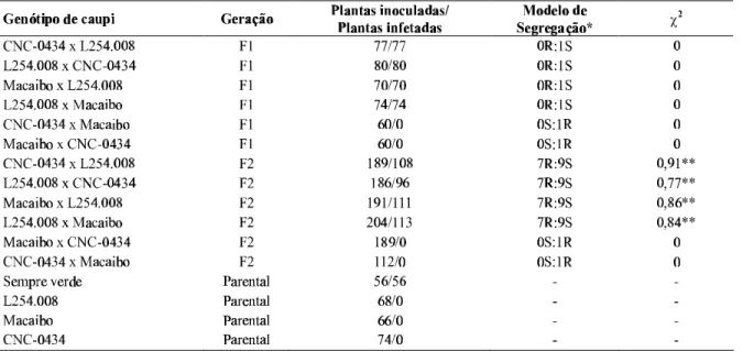 TABELA 1 - Segregações obtidas para a resistência ao vírus do mosaico severo do caupi (Cowpea severe mosaicvirus, CpSMV) nas gerações F 1  e F 2  de caupi (Vigna unguiculata)