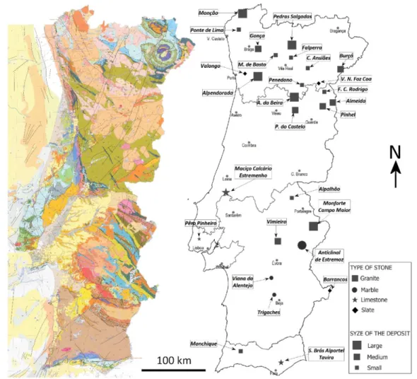 Figura 1. Mapa geológico esquemático de Portugal (adapt. de http://www.lneg.pt) e localização dos principais centros produtores de  rochas ornamentais (adapt
