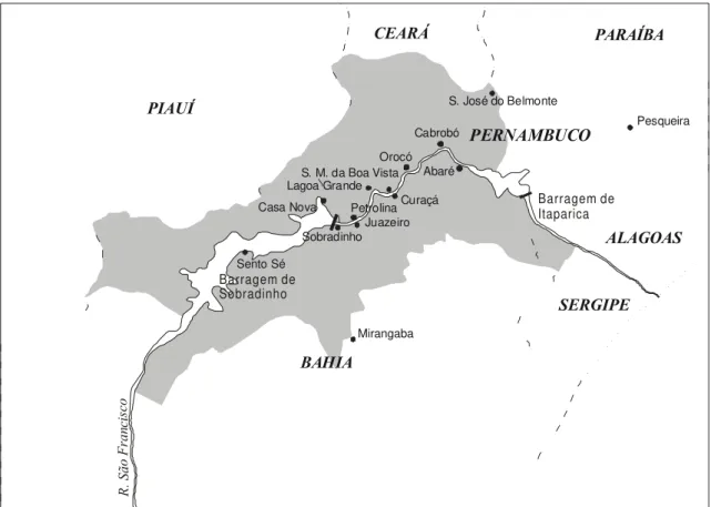 FIG. 1 – Mapa com a localização dos 12 municípios do Submédio do Vale São Francisco e dos municípios de Pesqueira e Mirangaba, nos quais foram feitas as coletas de amostras de tomateiro e de pimentão