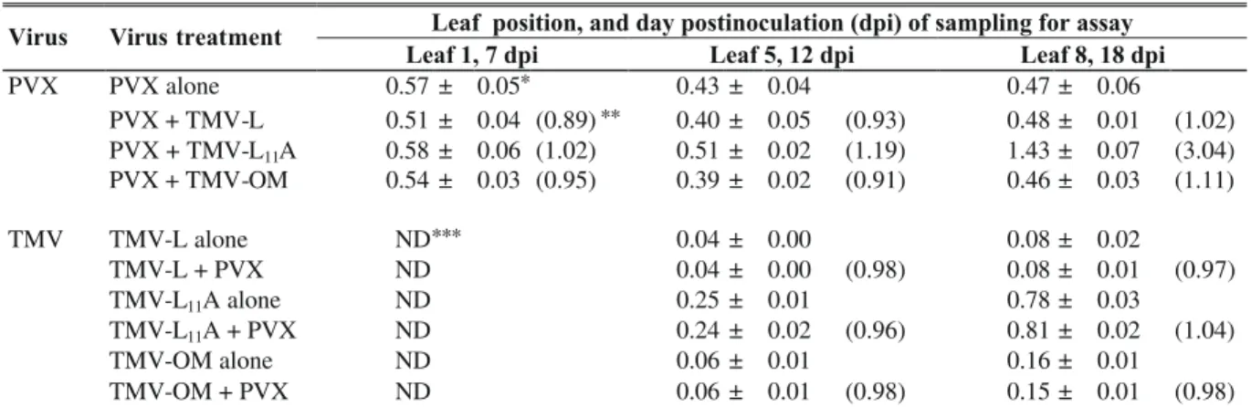 TABLE 4 - Comparison of virus concentration in different leaf positions of cultivar GCR 237 (Tm-I) tomato (Lycopersicon esculentum) plants, at various times following single or mixed inoculation with Potato virus X (PVX) and Tomato mosaic virus (TMV), as d