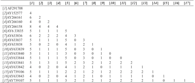 TABLE 4 -  Pair-wise comparison between number of nucleotide differences of internal transcribed spacer regions of the ribosomal genes from Brazilian Cercospora kikuchii isolates (6 through 17) and C