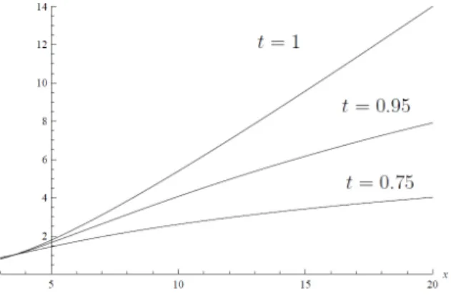 Figure 4.4: Sections of the graph of the optimal harvesting h ∗ for the set of parameter values (P) and fixed instants of time t ∈ {0.75; 0.95; 1}