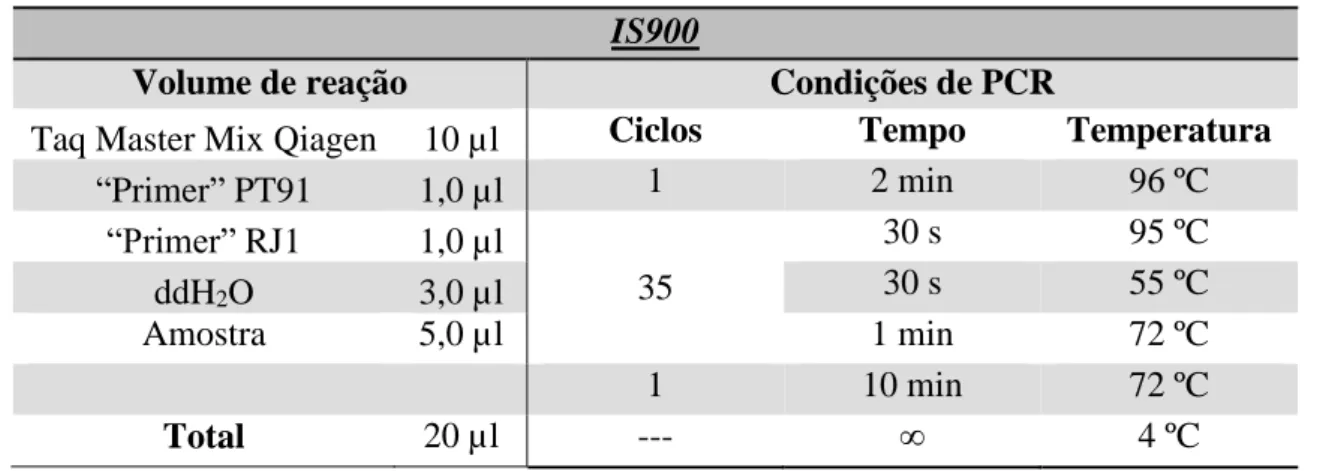 Tabela 3.1. Volume de reação e condições de PCR para a reação de amplificação de IS900
