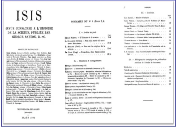 Figura 8 – Primeiro fascículo da Revista Isis, publicado em 1913, onde consta a  Bibliographie analytique des publications relatives à l’histoire de la science  68