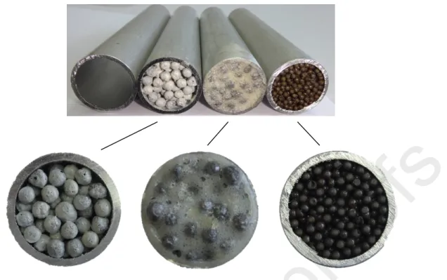 Figure 1. Analysed specimens (upper line from left to right): empty tube (ET), APM foam filled  tube, hybrid APM foam filled tube and MHSS filled tube.
