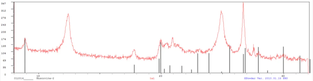 Figura 22: Sobreposição, no programa XPowder, do difractograma obtido por DRX  para a amostra AL1 com os picos de intensidade da caulinite