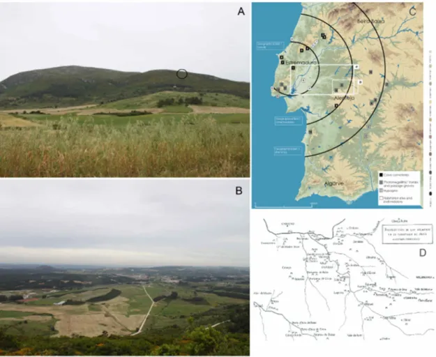 Figure 1 - A - Location of the Bom Santo Cave (circle) in the NE sector of the Montejunto mountain range, seen from  the  adjacent  plain