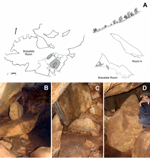 Figure 2 - A - Simplified plan of Bracelets Room (left) and topographic profile (right), with indication of the stele and  megalithic construction (The Altar) in grey